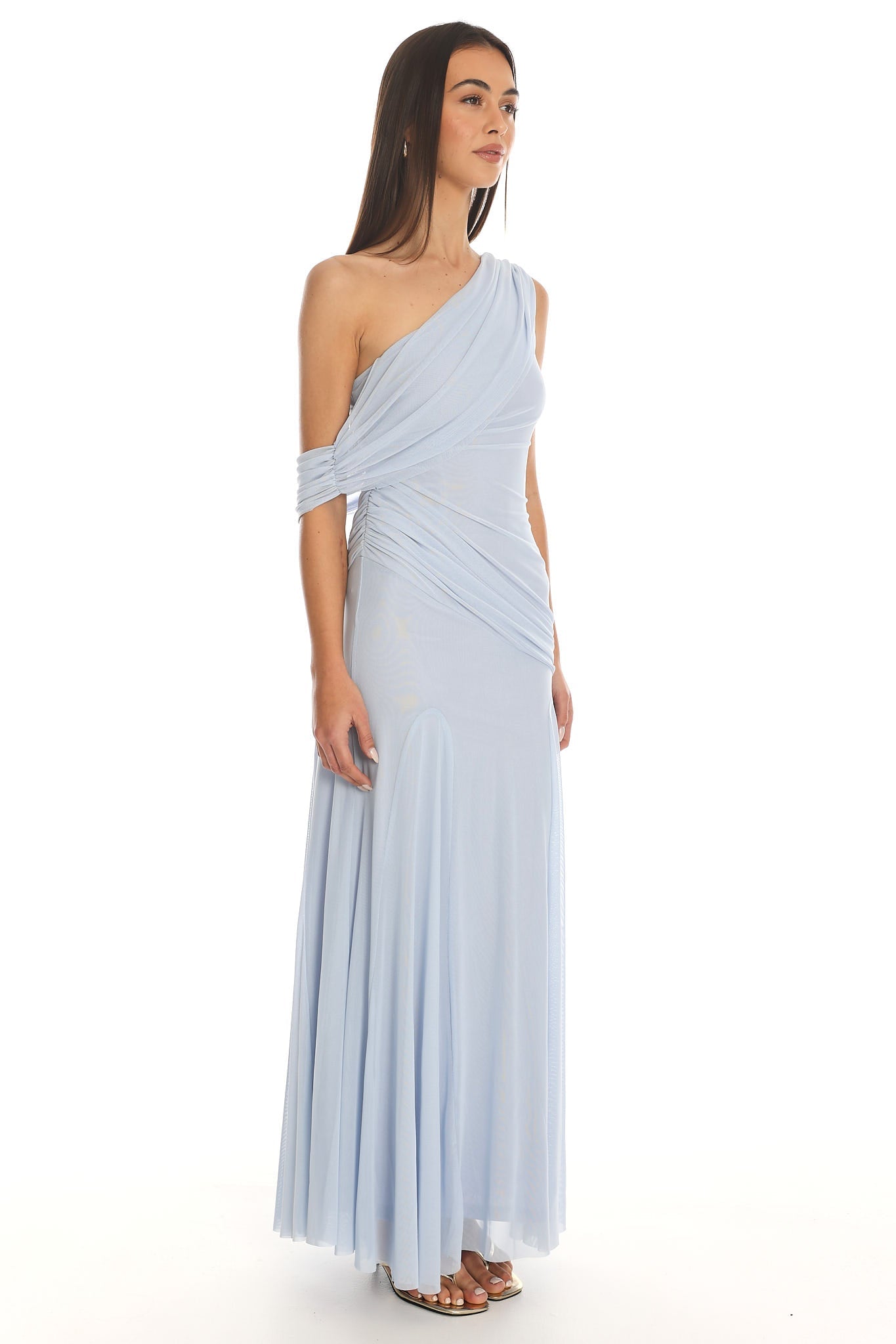 Anaisa Asymmetric Neckline Draped Maxi Dress Baby Blue