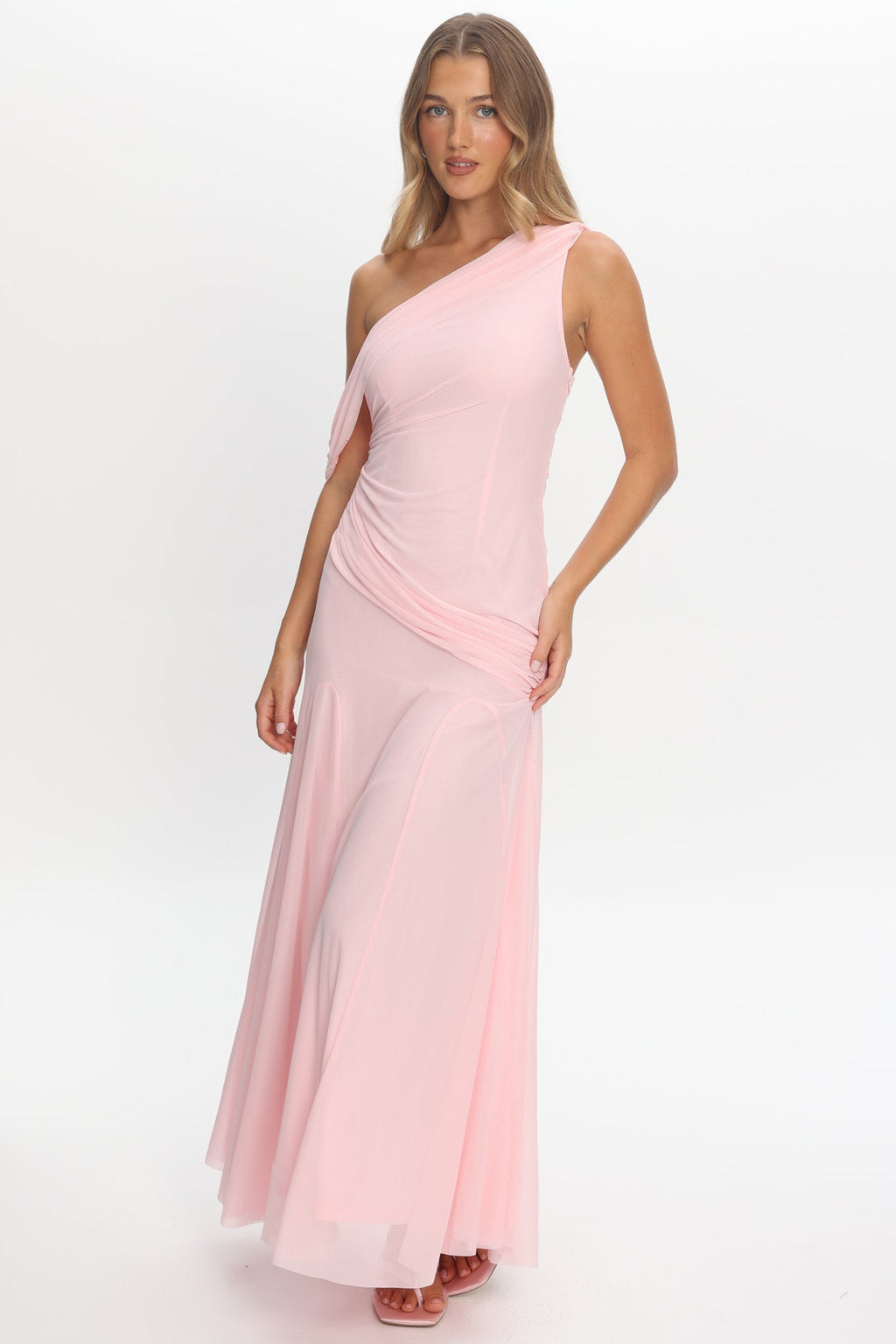 Anaisa Asymmetric Neckline Draped Maxi Dress Light Pink