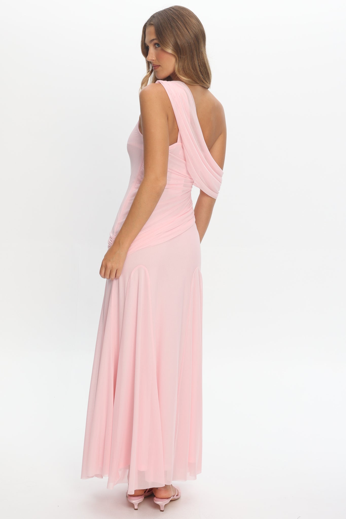 Anaisa Asymmetric Neckline Draped Maxi Dress Light Pink