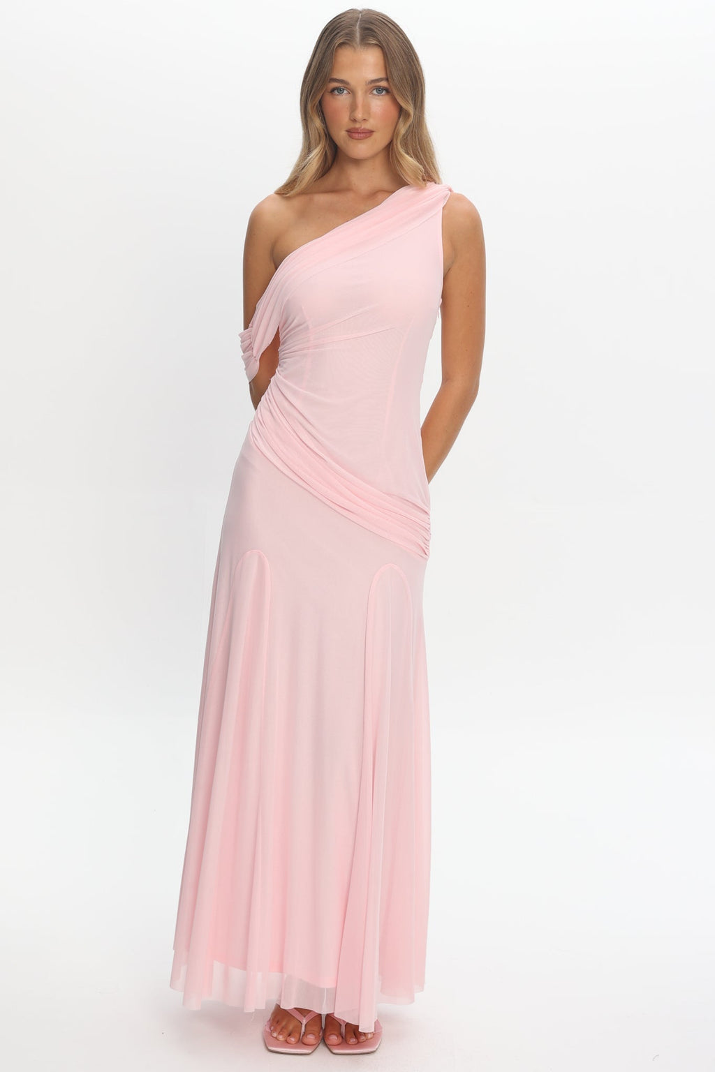 Anaisa Asymmetric Neckline Draped Maxi Dress Light Pink