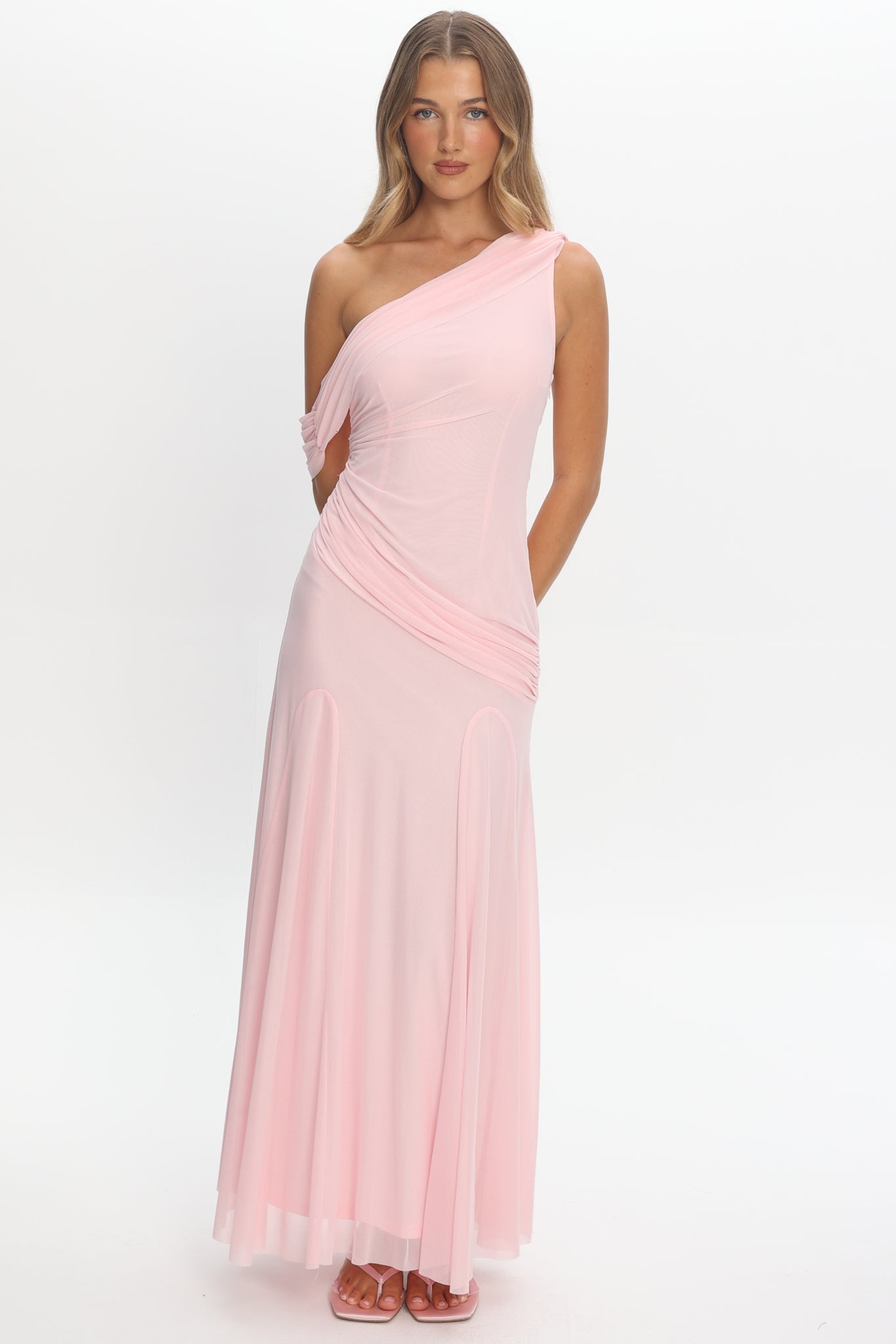 Anaisa Asymmetric Neckline Draped Maxi Dress Light Pink