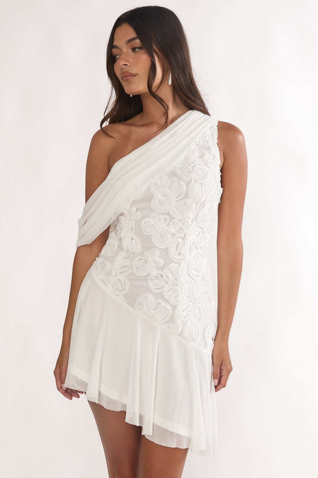Anaisa One-Shoulder Draped Mini Dress Embellished Off White