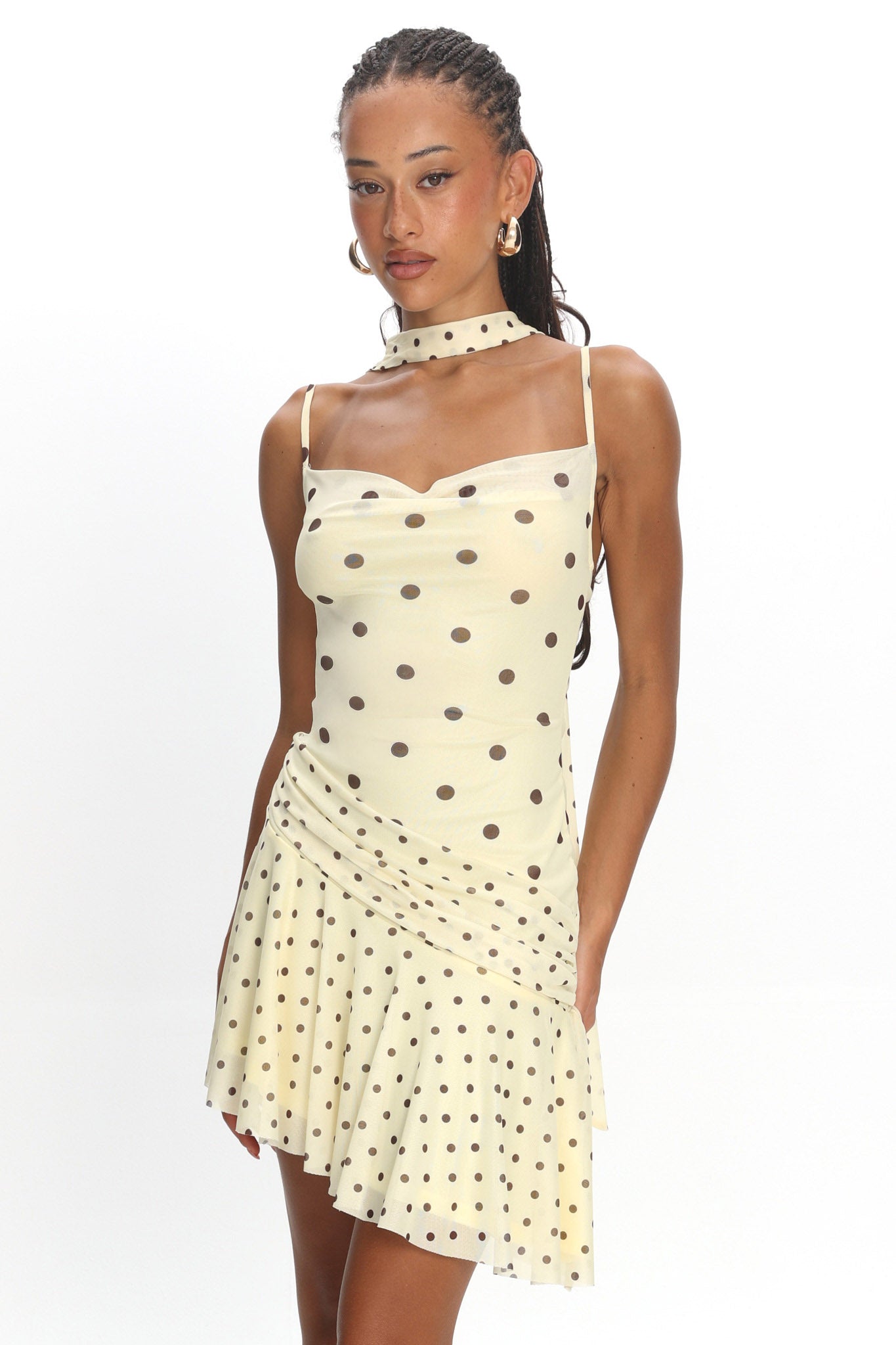 Anaisa Asymmetric Hem Mini Dress Polka Dot Butter