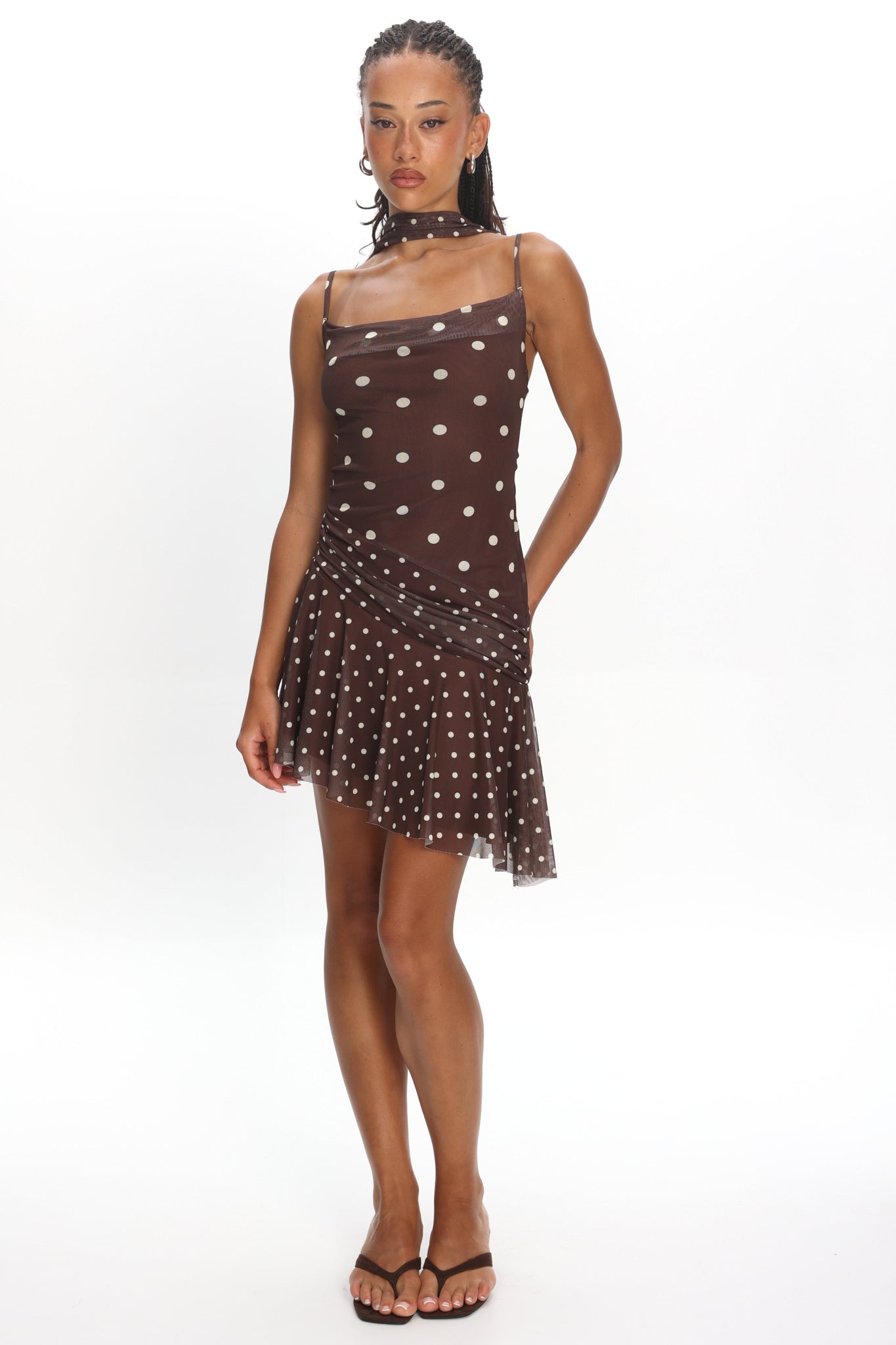 Anaisa Asymmetric Hem Mini Dress Polka Dot Chocolate