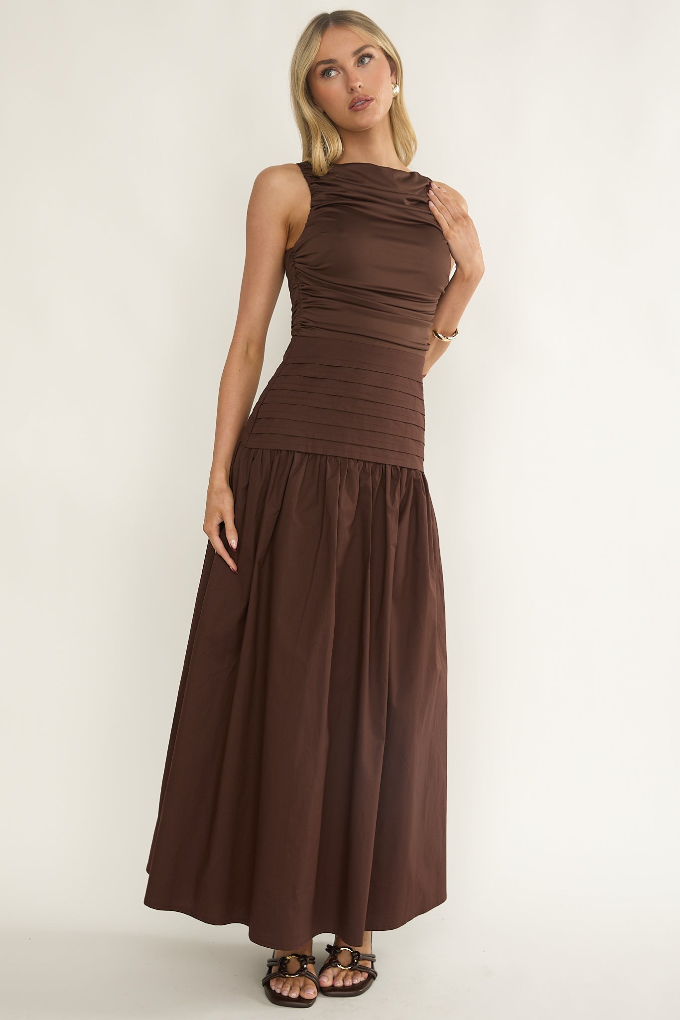 Dalayla Sleeveless Pintuck Maxi Dress Chocolate