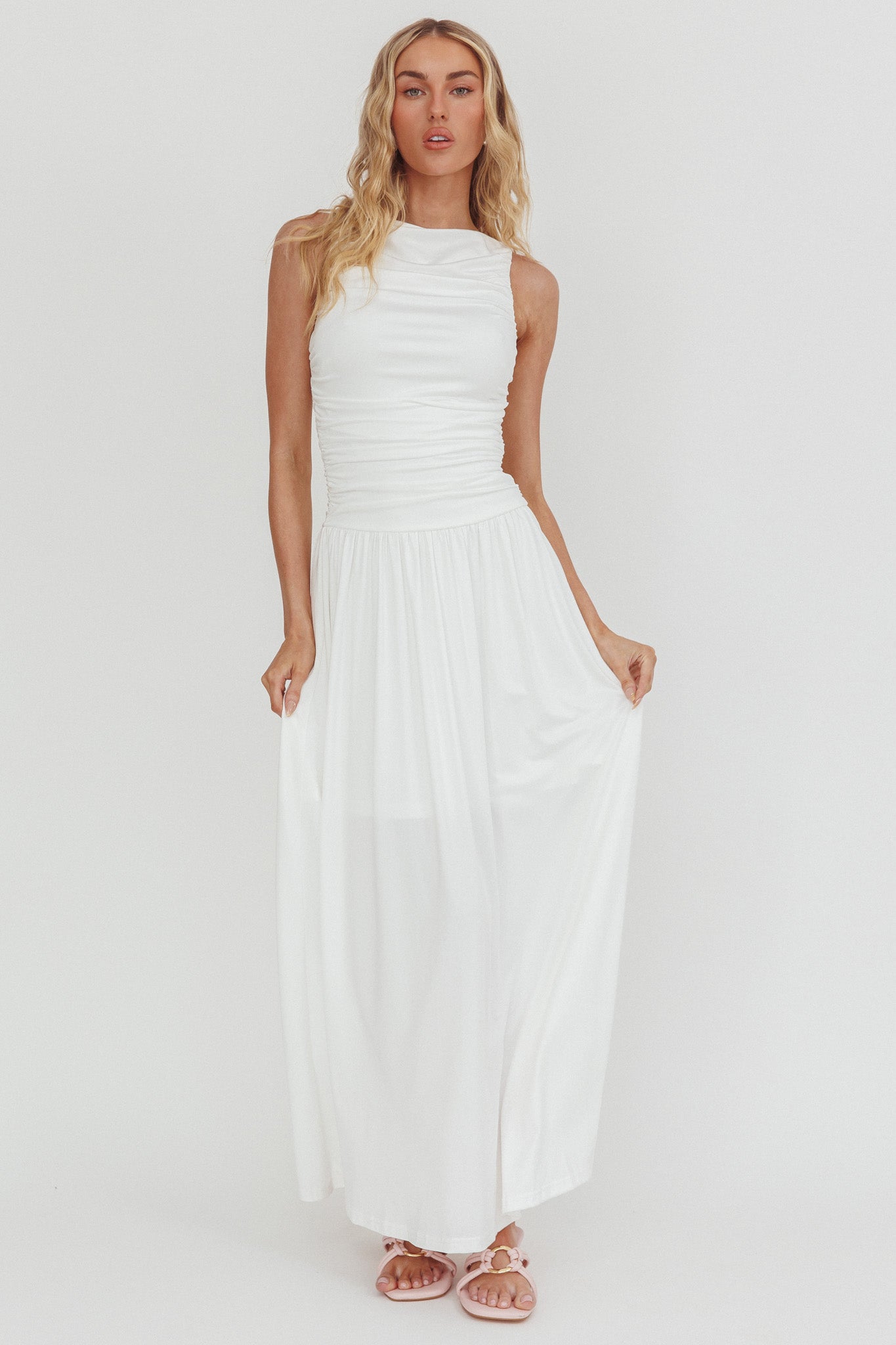 Dalayla Sleeveless Ruched Maxi Dress White