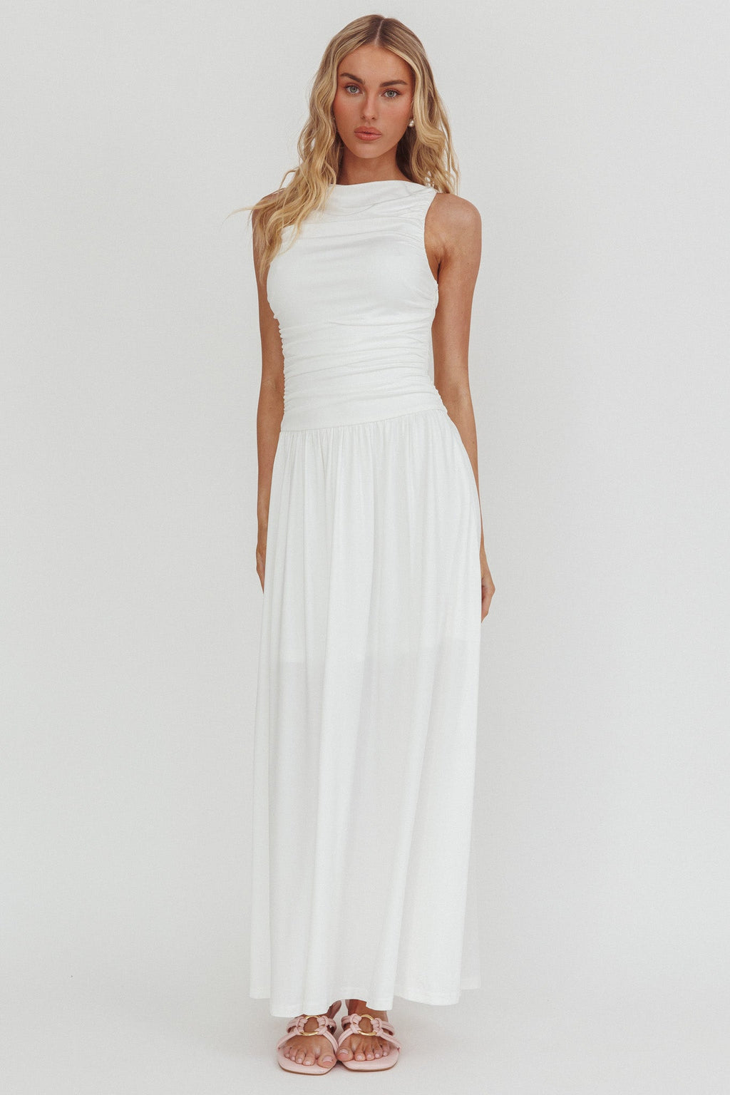 Dalayla Sleeveless Ruched Maxi Dress White