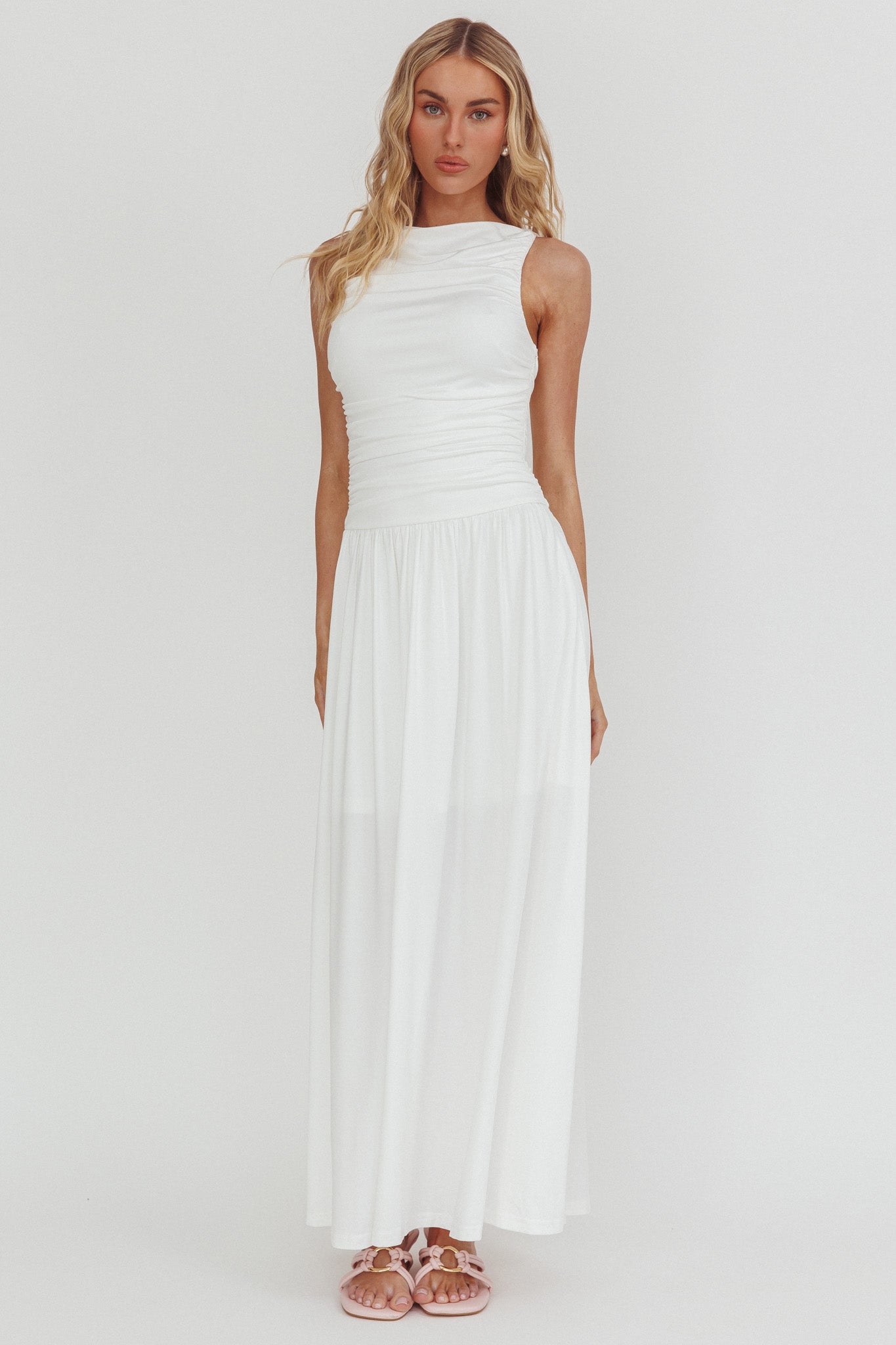 Dalayla Sleeveless Ruched Maxi Dress White