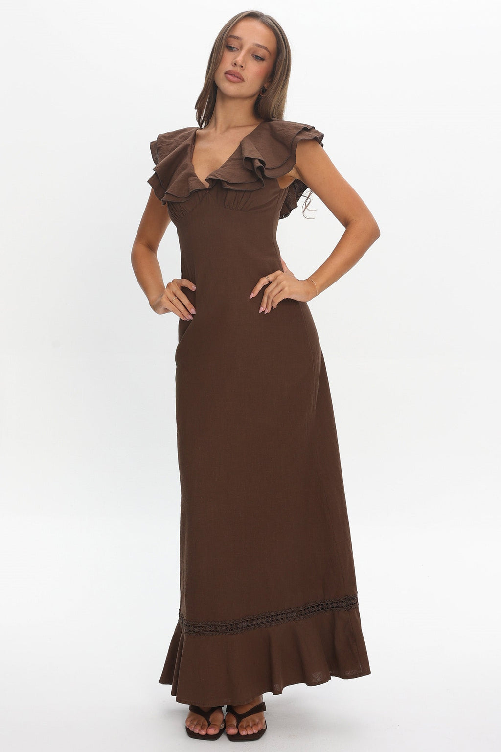 Anohana Ruffle Maxi Dress Chocolate
