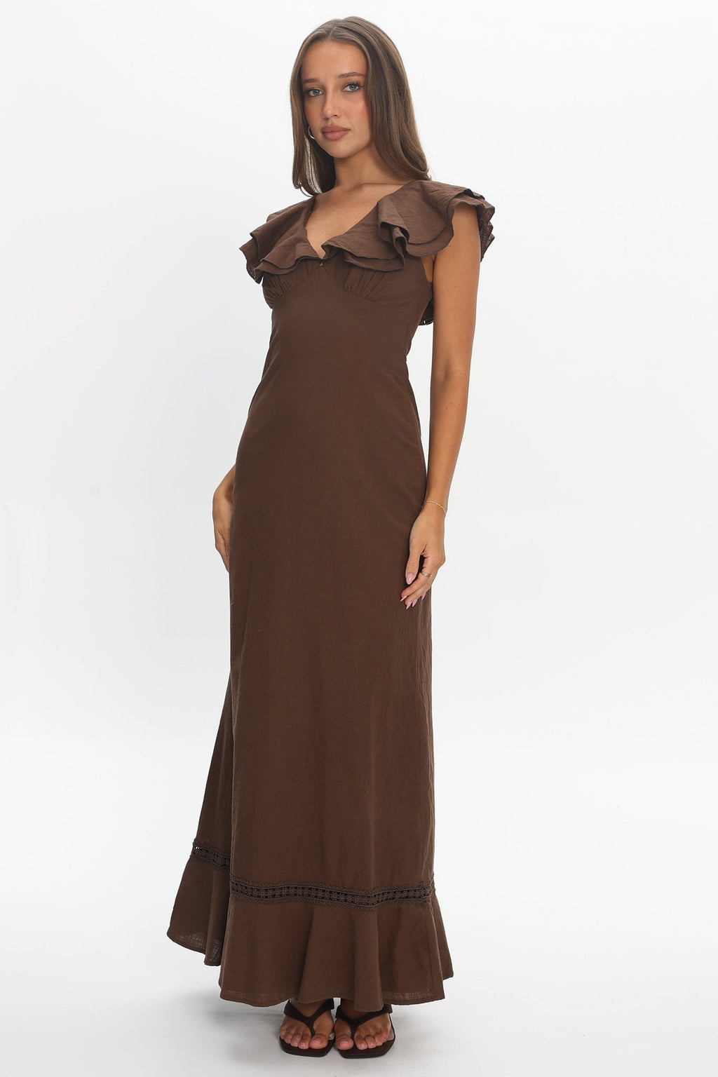 Anohana Ruffle Maxi Dress Chocolate