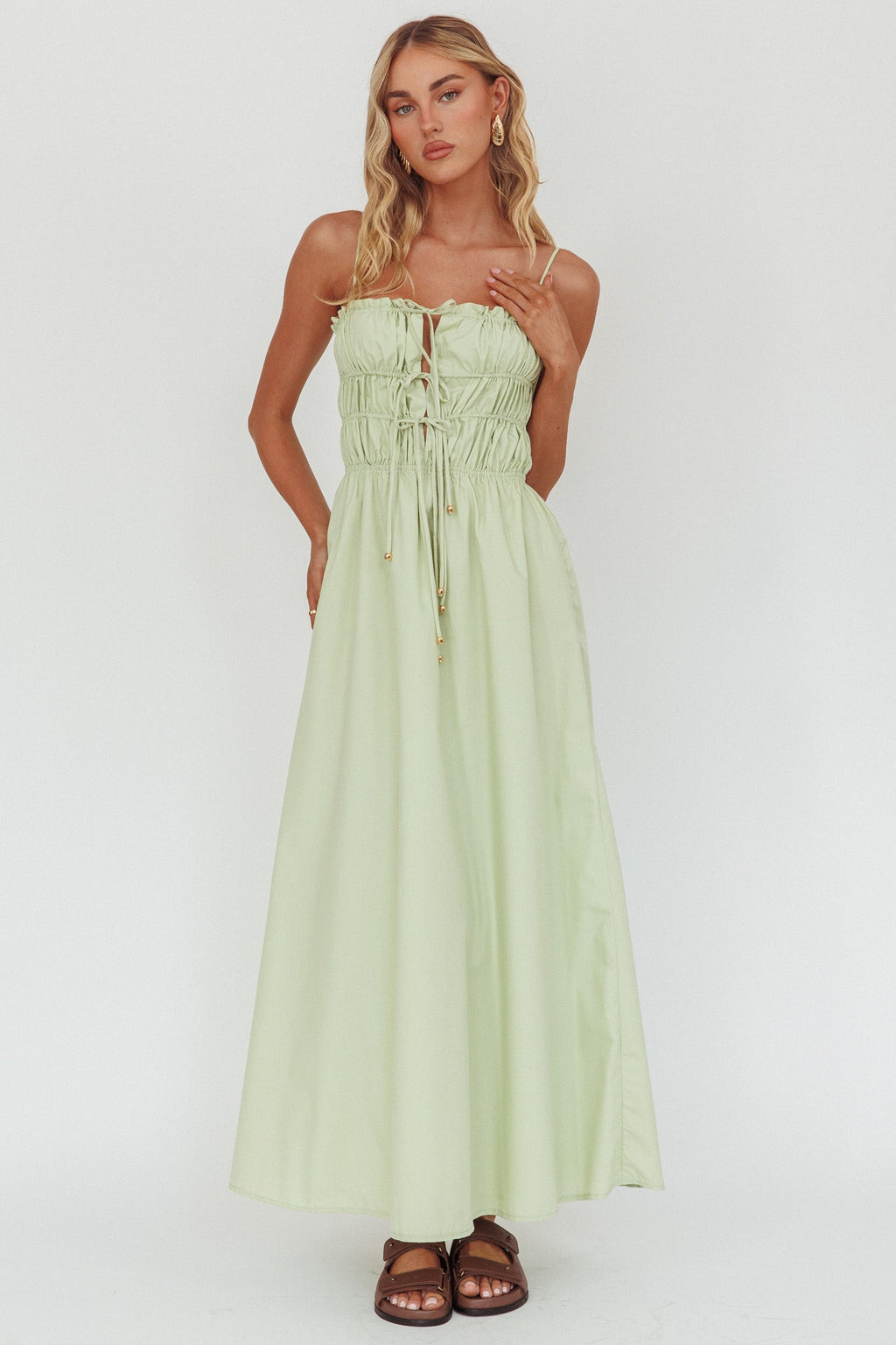 Remember When Tied Bodice Maxi Dress Sage