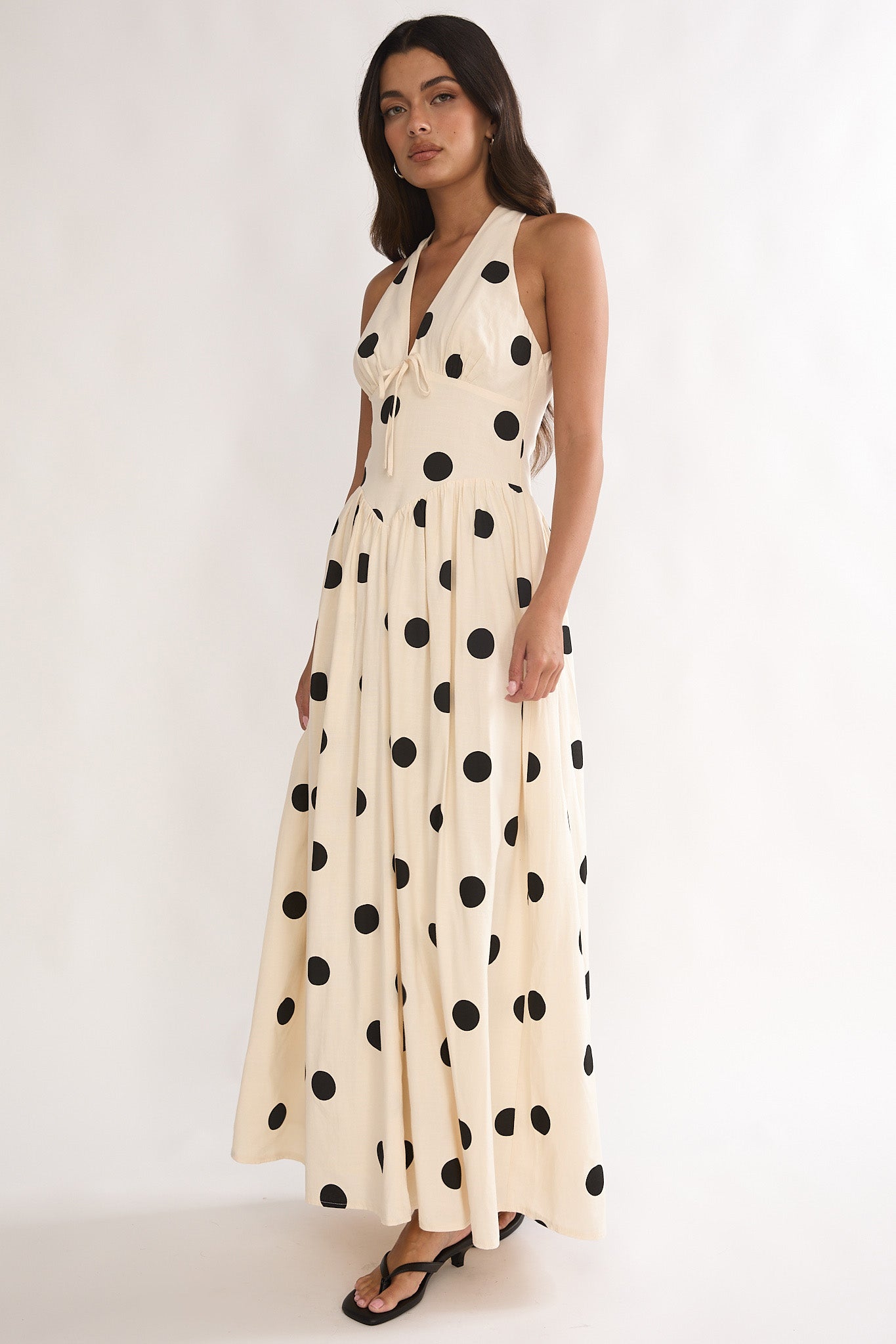 Sundrenched Halter Maxi Dress Polka Dot Beige