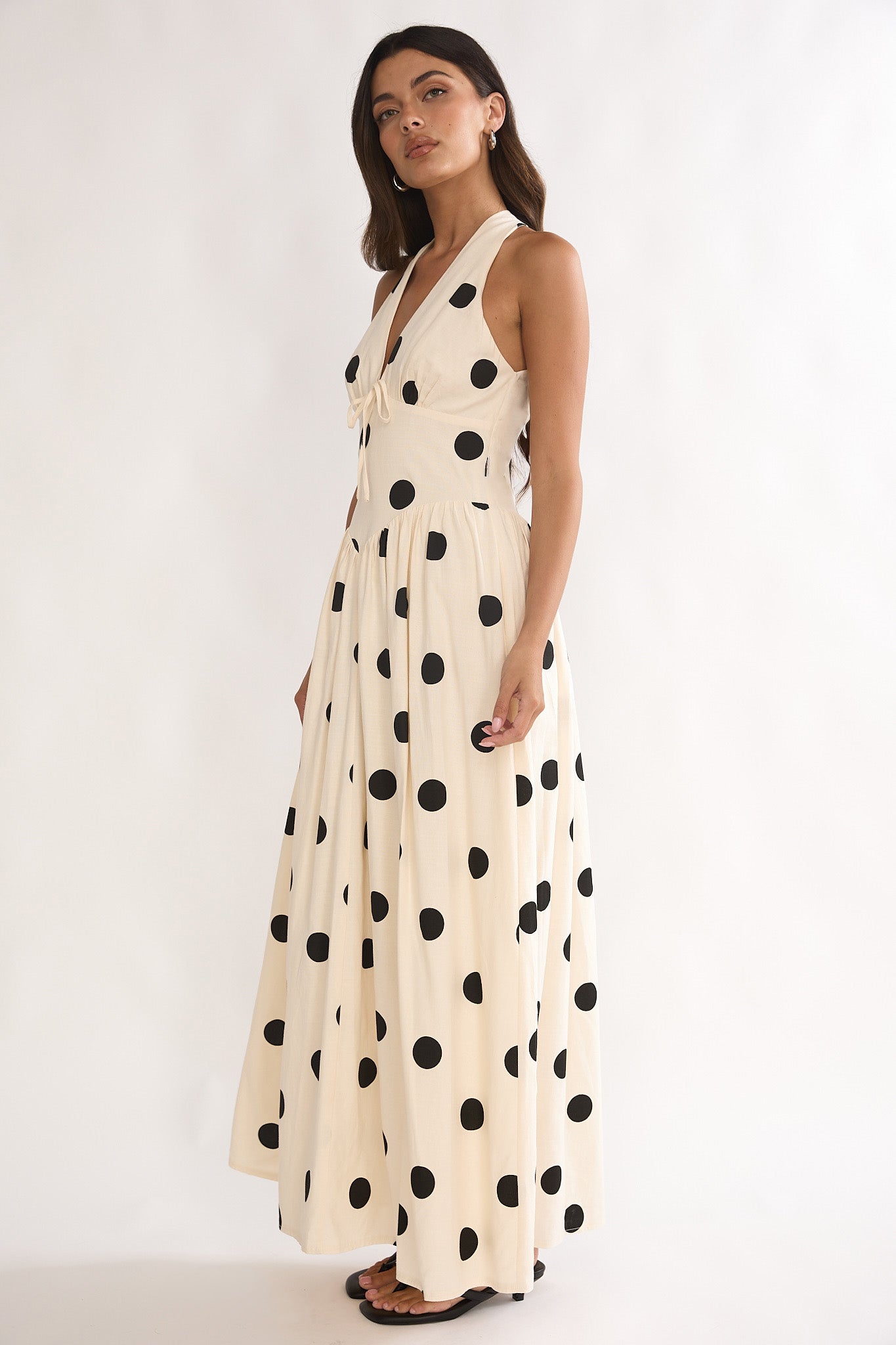 Sundrenched Halter Maxi Dress Polka Dot Beige