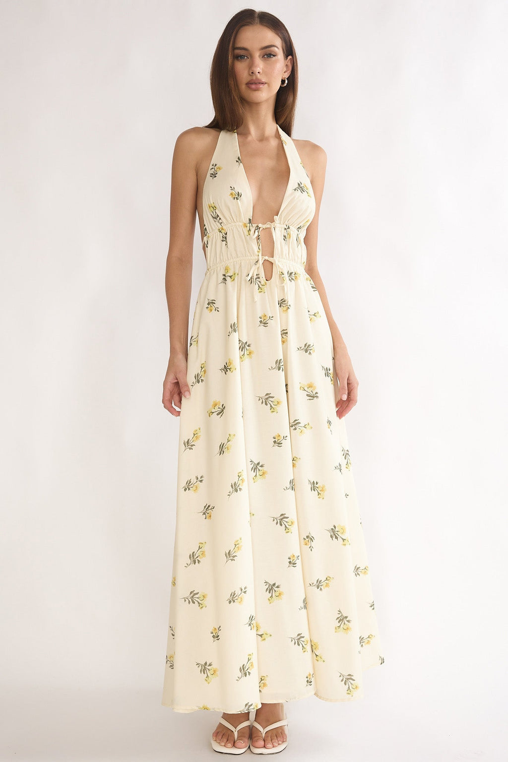Under The Moons Tied Front Maxi Dress Floral Yellow