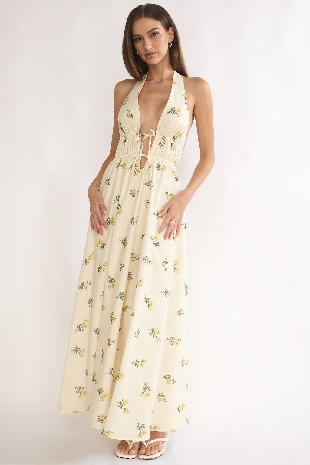 Under The Moons Tied Front Maxi Dress Floral Yellow