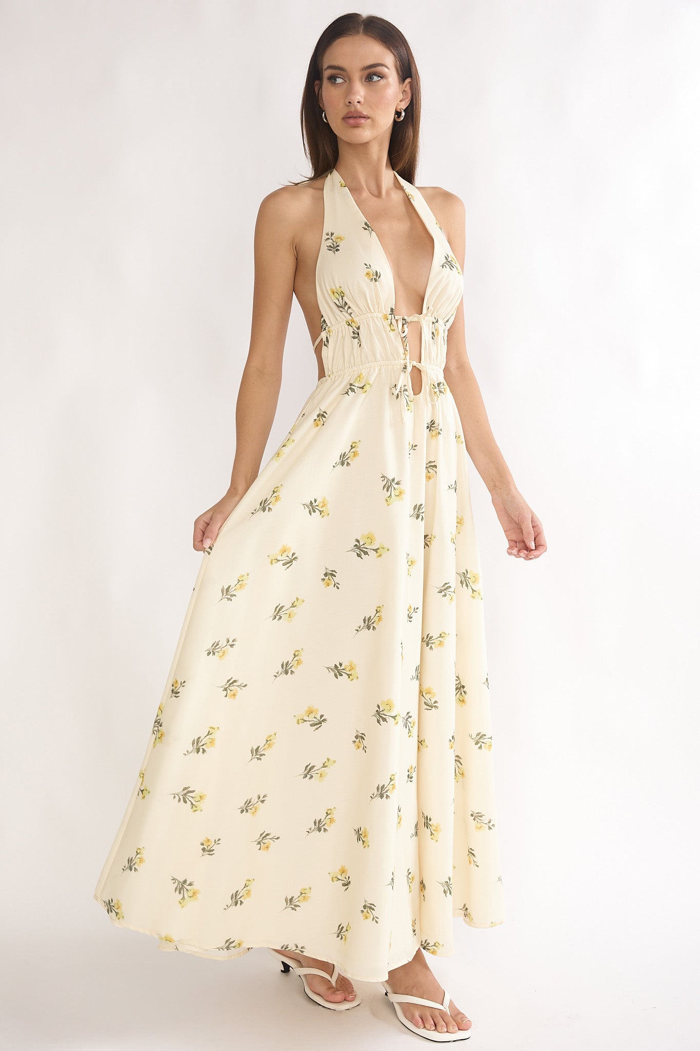Under The Moons Tied Front Maxi Dress Floral Yellow