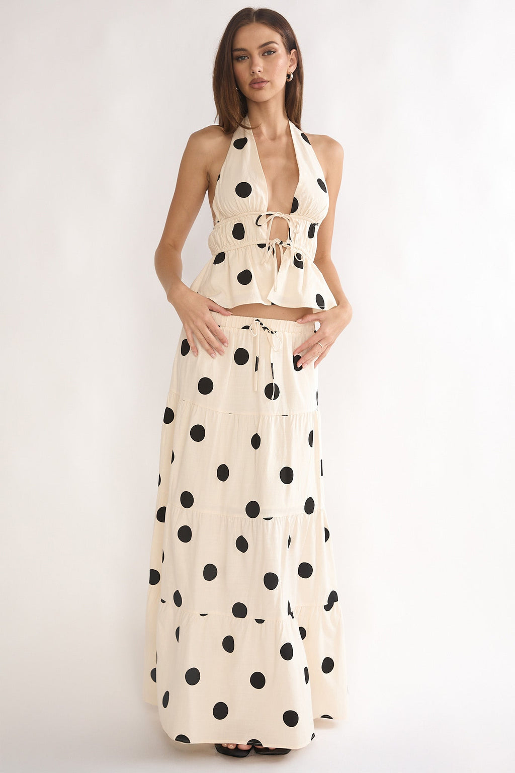 Under The Moons Tied Front Halter Top Polka Dot Beige