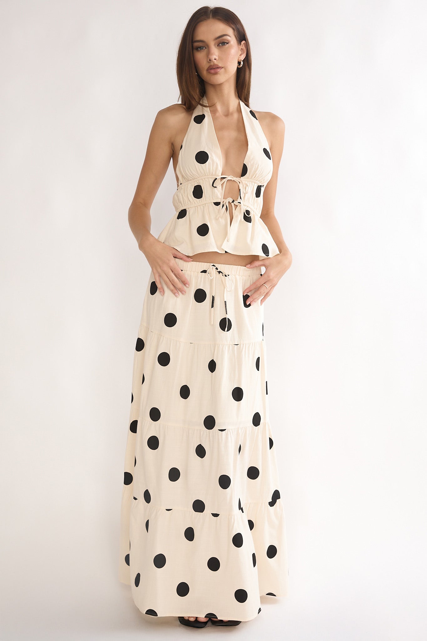 Under The Moons Tied Front Halter Top Polka Dot Beige