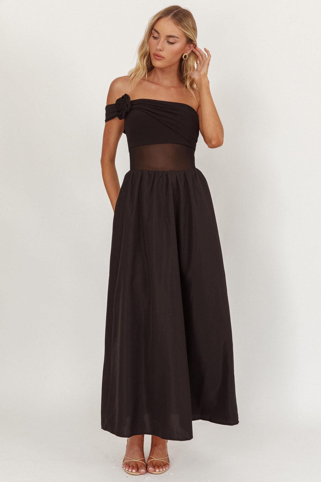 Uma One Sleeve Sheer Waist Midi Dress Black