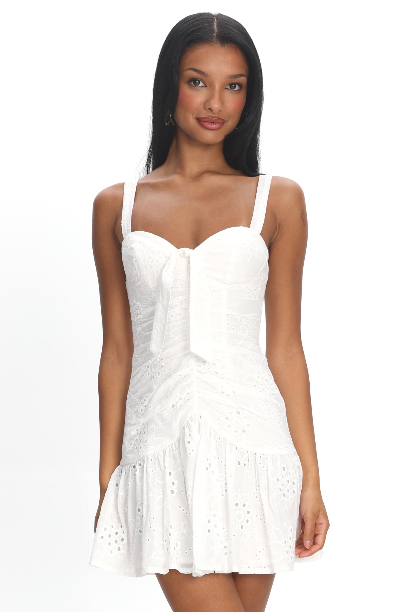 Rachelle Tied Bust Ruched Mini Dress Eyelet White