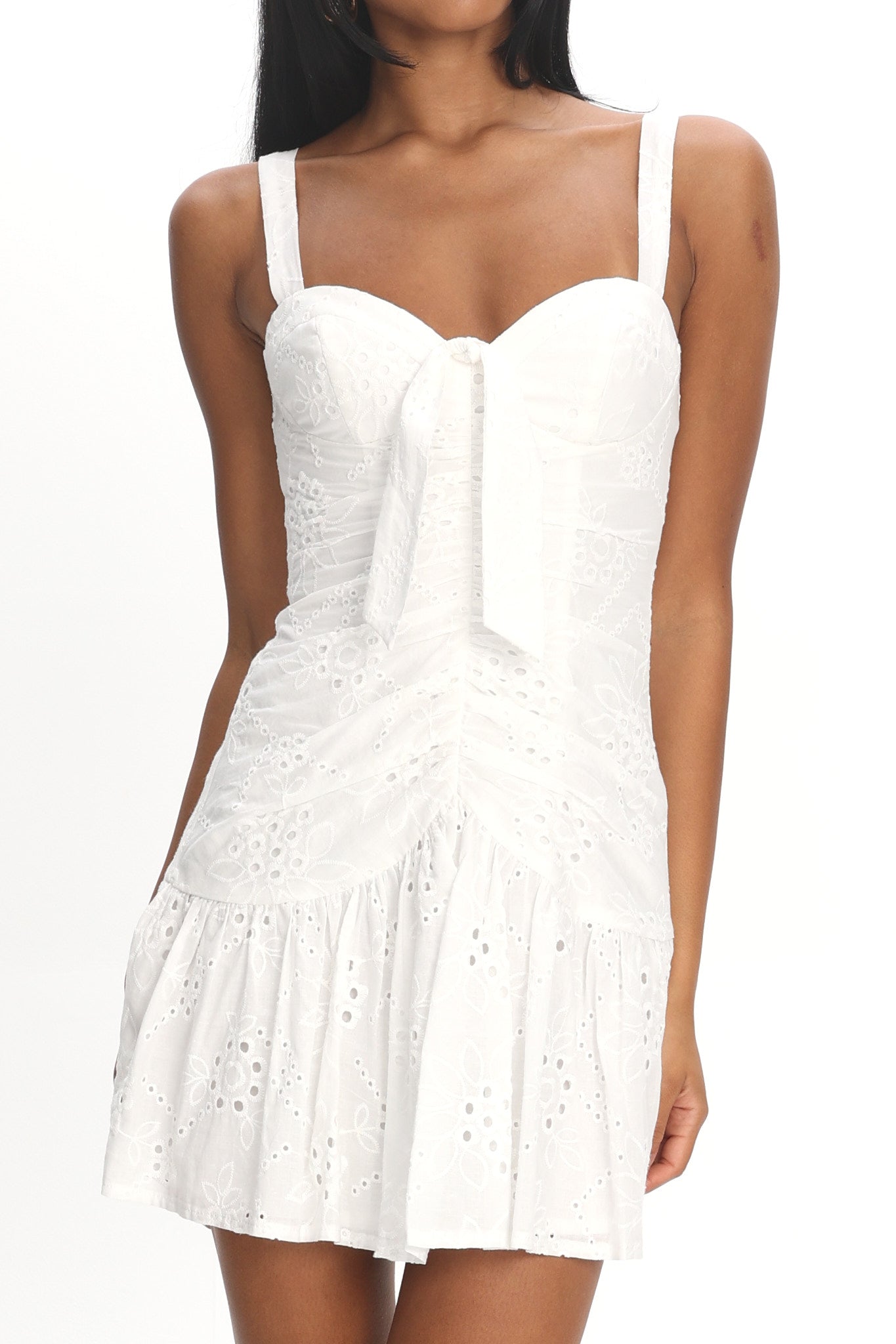 Rachelle Tied Bust Ruched Mini Dress Eyelet White