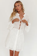 Flossy Eyelet Overlay Tie Mini Dress White