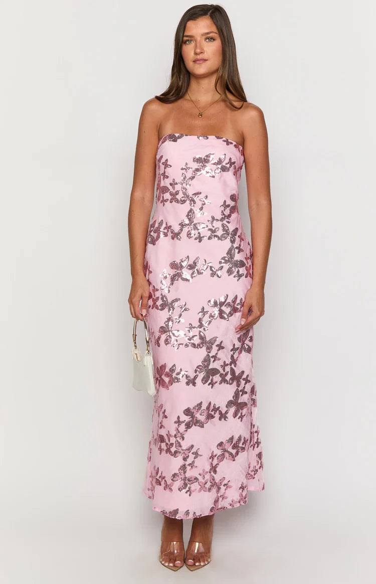 Tari Pink Butterfly Sequin Maxi Dress
