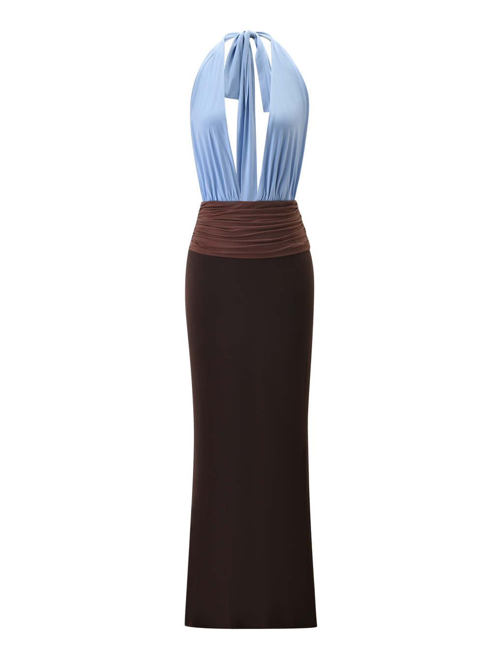 JENNI MAXI PLUNGE DRESS -  BLUE/BROWN