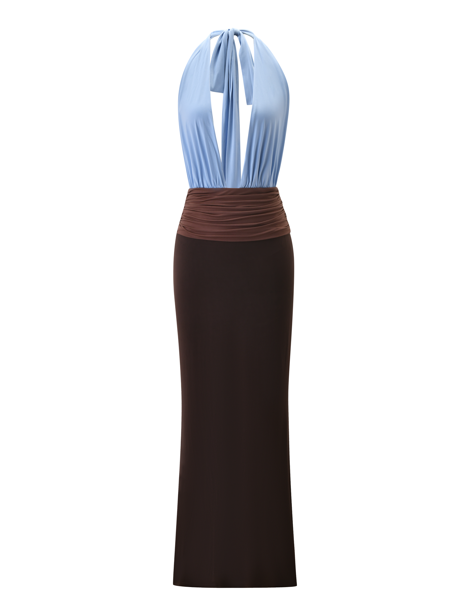 JENNI MAXI PLUNGE DRESS -  BLUE/BROWN
