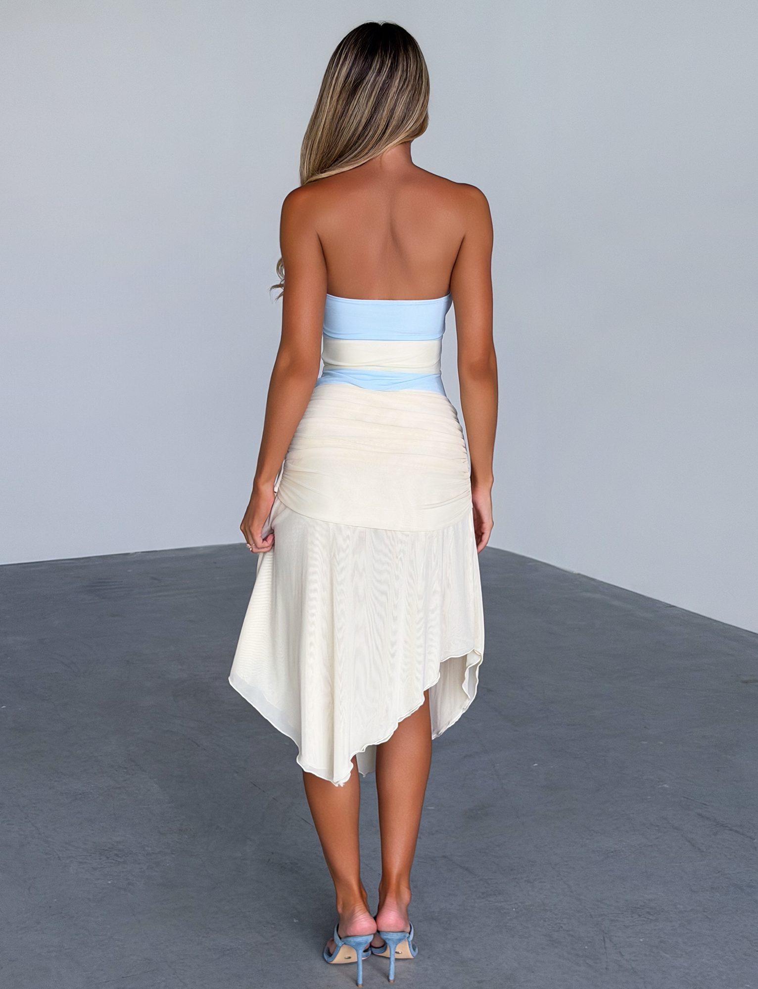 TWYLA MIDI DRESS - CREAM AND BLUE