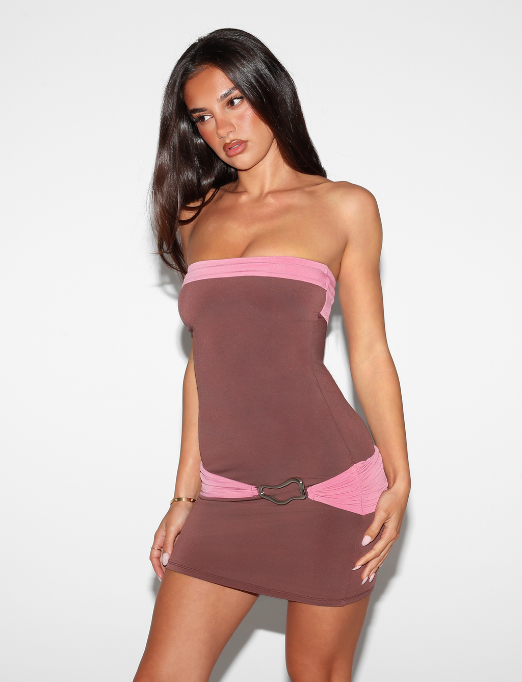 EOS MINI DRESS - ESPRESSO AND ROSE