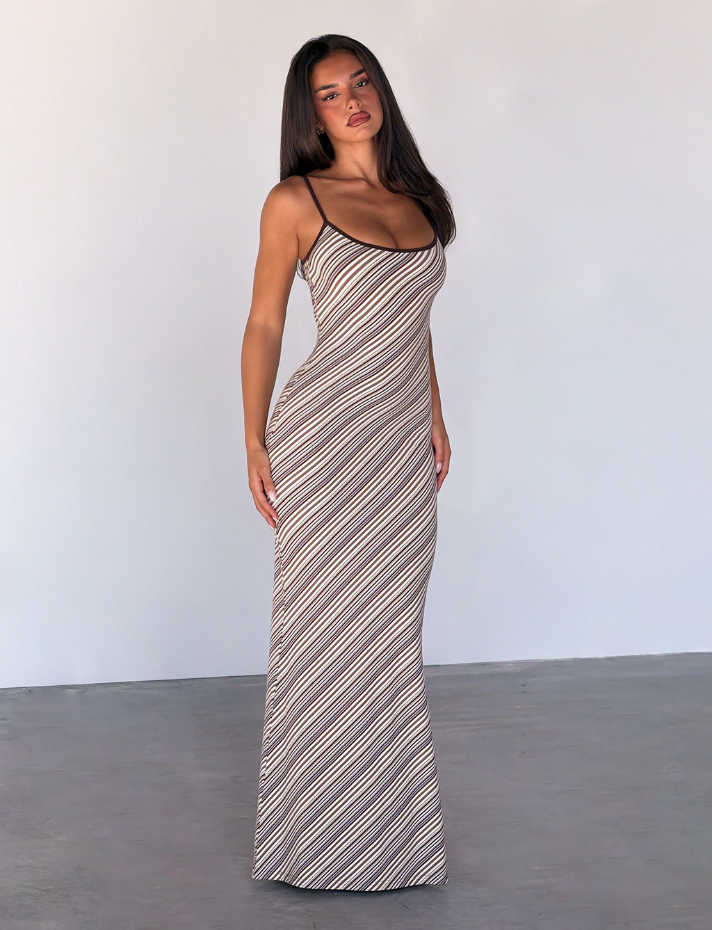 SLOANE MAXI DRESS - TAN AND CHOC STRIPE