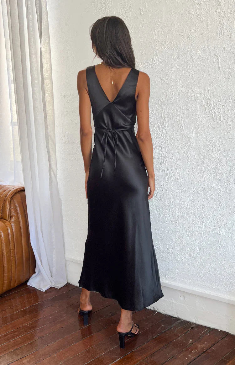 Verlaine Black Satin Maxi Dress
