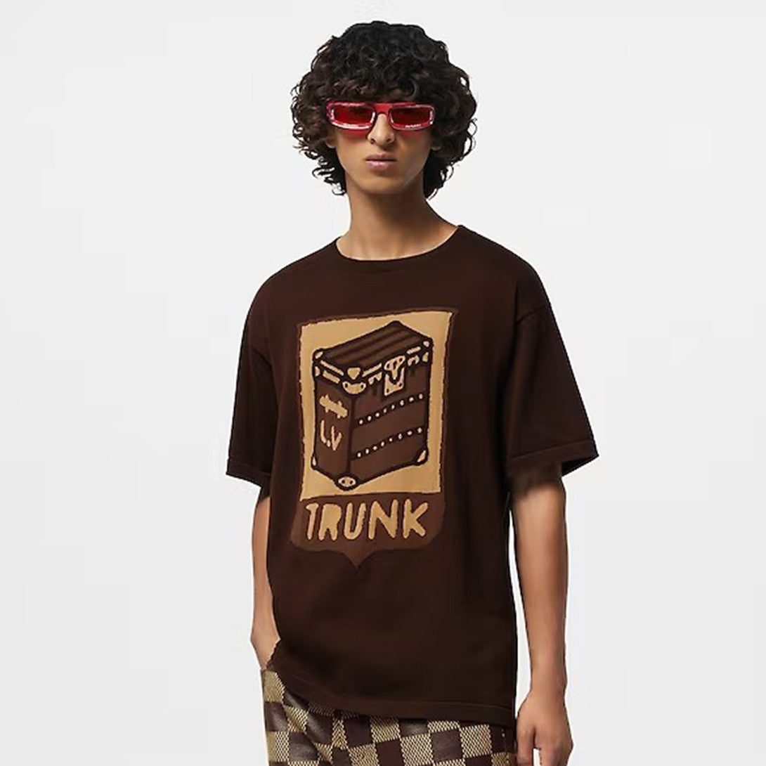 Louis Vuitton Men's Summer Brown Casual Short Sleeve Cotton Loose Intarsia Crewneck T-shirt #98224