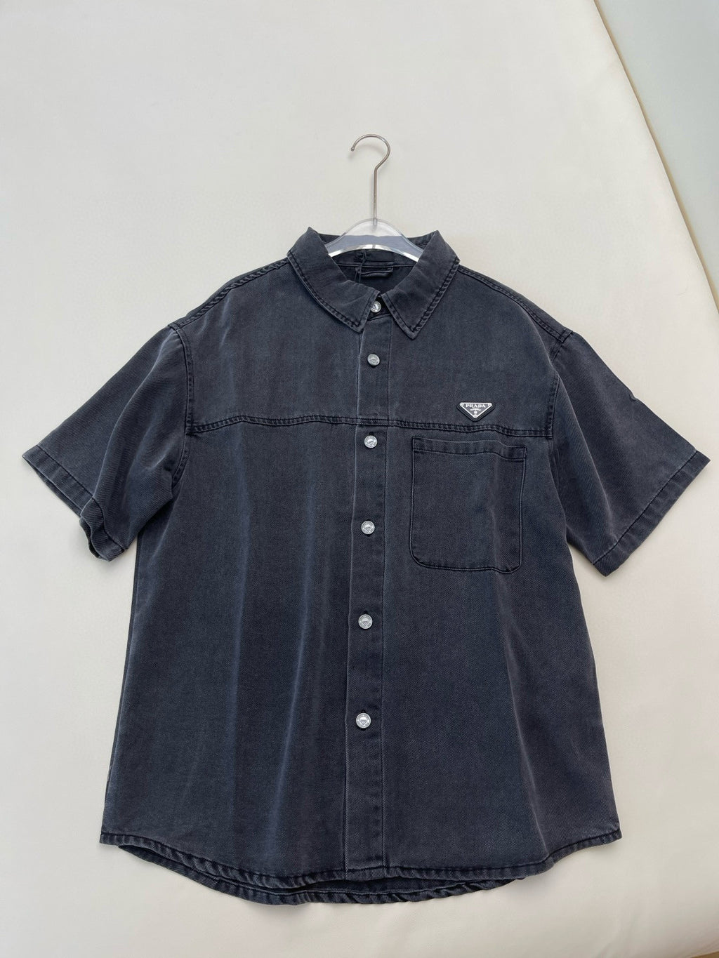 Prada Men's Early Autumn Men's Women's Lycra Denim Shirt. Triangle Logo Vintage Gray Short Sleeve Lapel Shirt Polo T-shirt  #81617