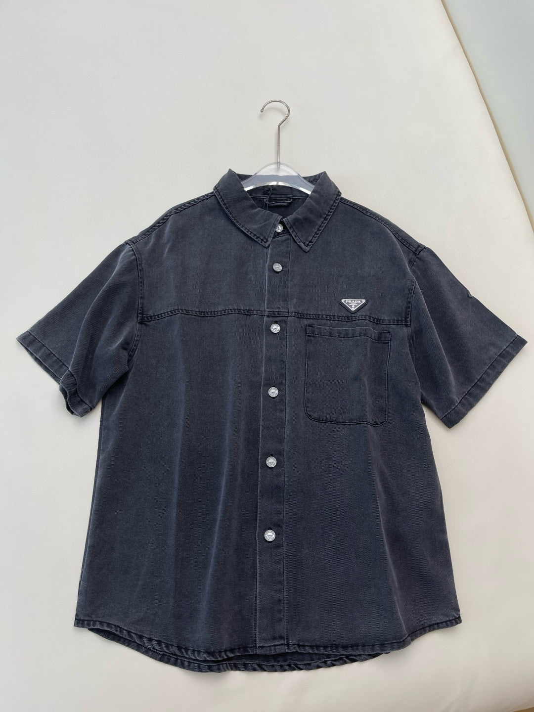 Prada Men's Early Autumn Men's Women's Lycra Denim Shirt. Triangle Logo Vintage Gray Short Sleeve Lapel Shirt Polo T-shirt  #81617