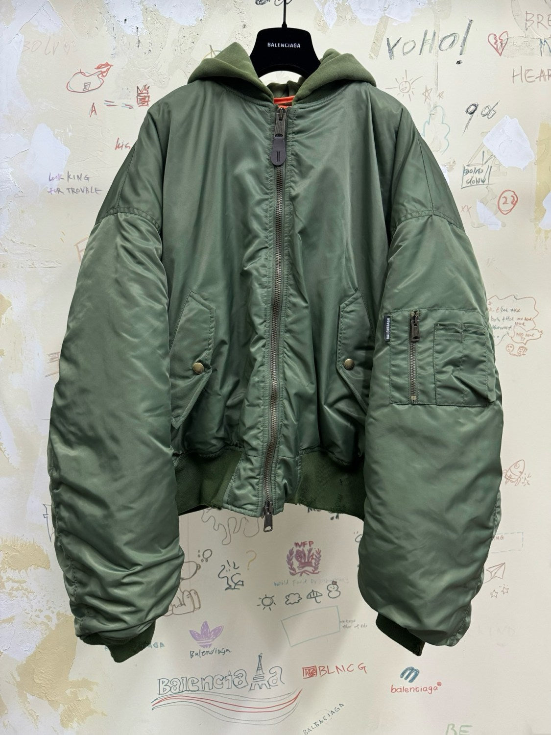 Balenciaga Men's Women's Solid Color Hooded Aviator Jacket Logo Zipper Long Sleeve Jacket #74564