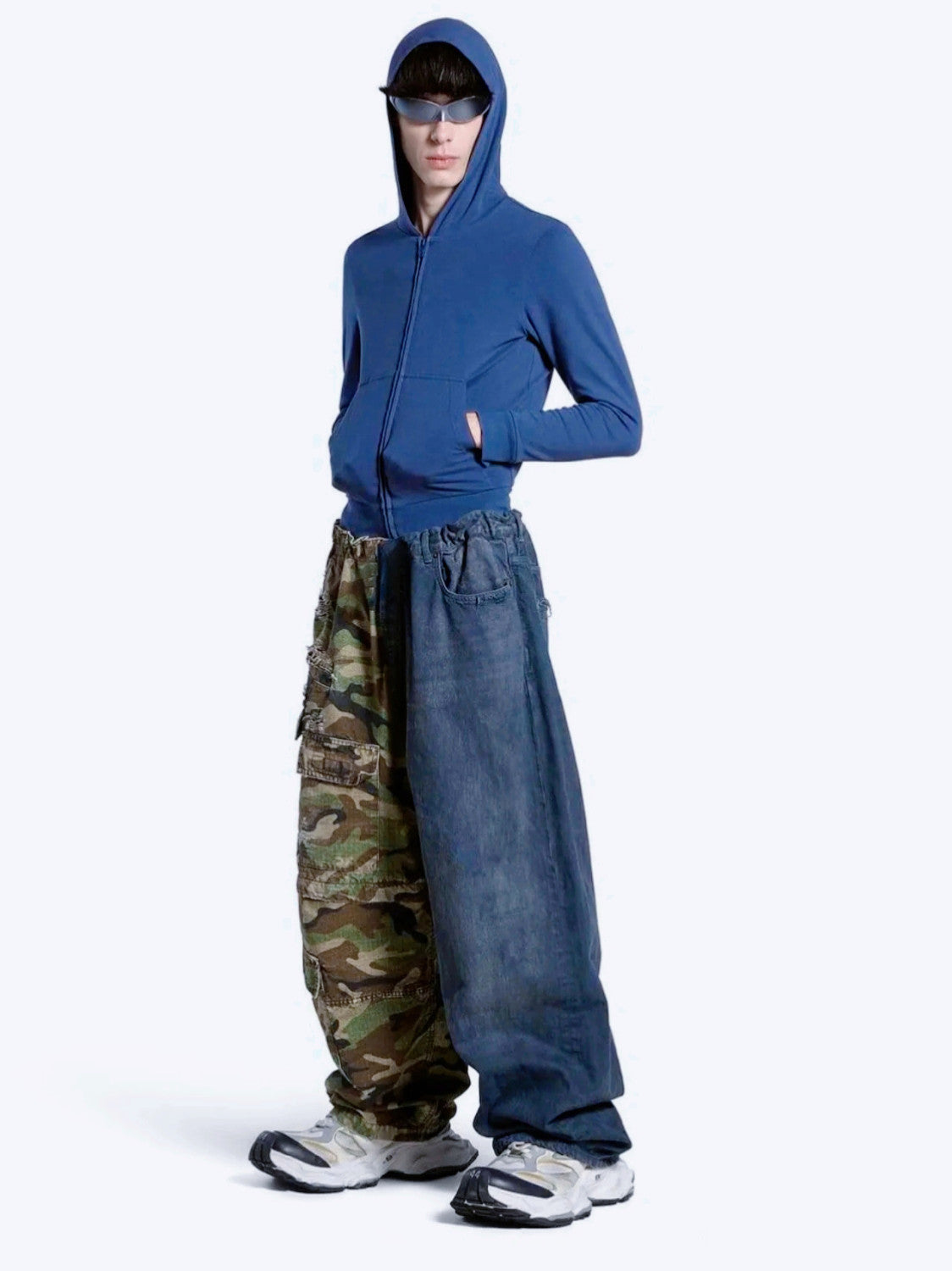 Balenciaga Men's Four Seasons Vintage Washed Camouflage Splicing Frayed Jeans Fashion High Street Straight Wide Leg Work Pants Ngvp #9121