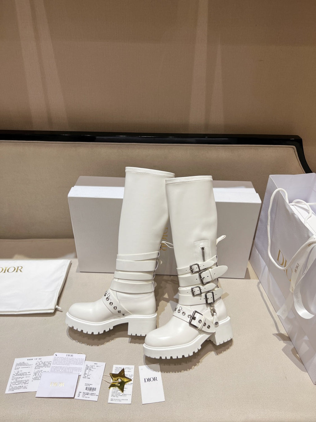 Dior D-Fight Women's Classic Trendy Round-Toe Zipper Chunky Heel Leather Knee-High Boots Shoes #78765