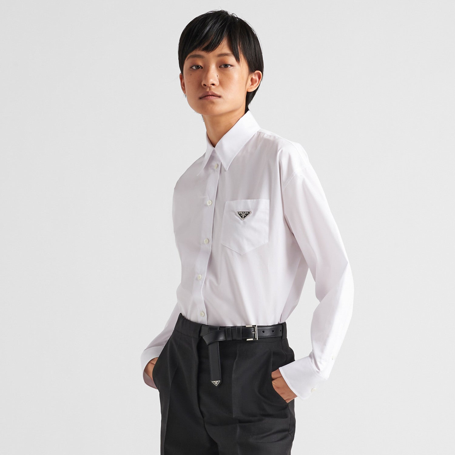 Prada Men's And Women's Spring/Fall Fashion Casual Solid Color Cotton Collared Single Button Long Sleeve Shirt #78891
