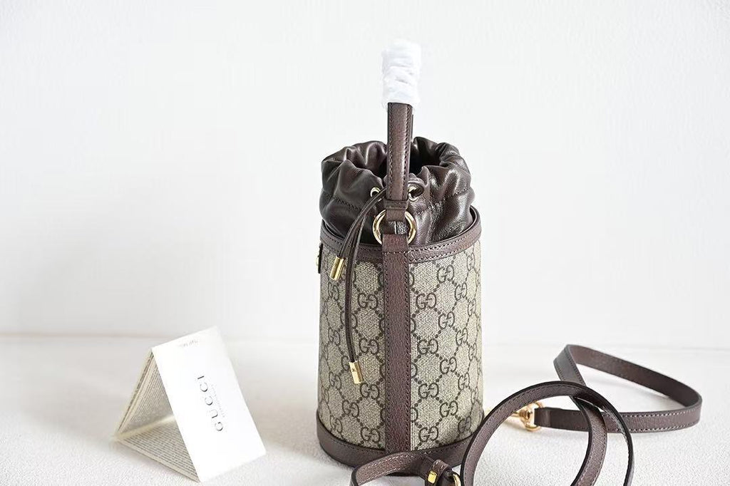 Gucci Ophidia Women's Brown Adjustable Shoulder Strap Drawstring Closure Canvas Spell Leather Bucket Bag Single Shoulder Crossbody Handbag Bags #75549