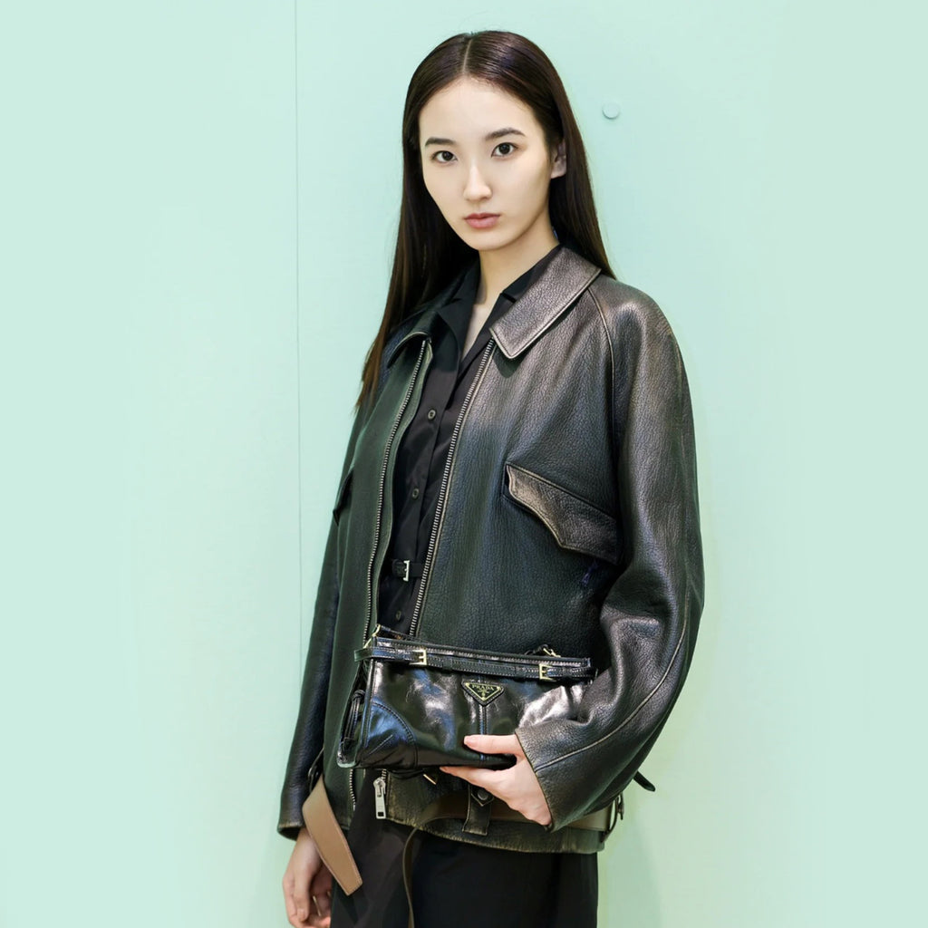 Prada Men's Women's Autumn and Winter Retro High Street Biker Style Leather Jacket Lapel Belt Zipper Jacket Coat  Ngvp #9157