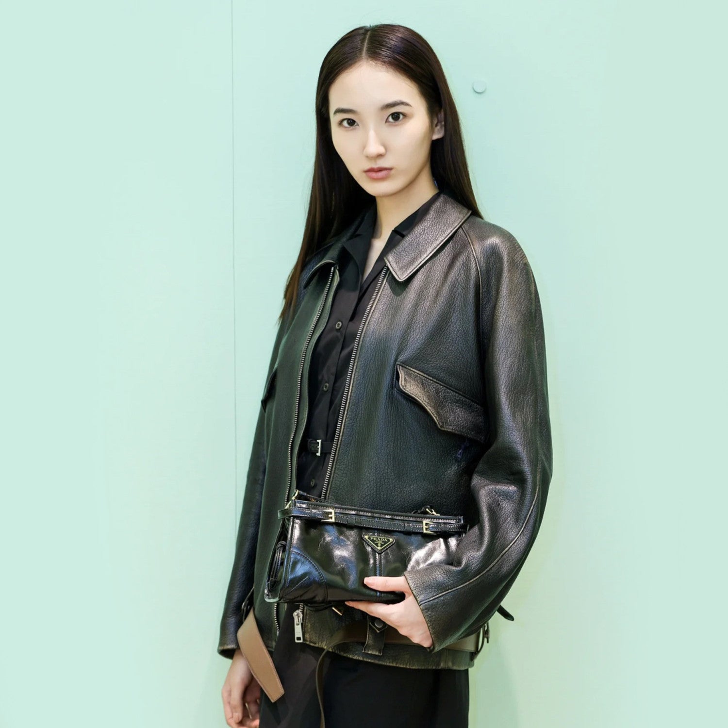 Prada Men's Women's Autumn and Winter Retro High Street Biker Style Leather Jacket Lapel Belt Zipper Jacket Coat  Ngvp #9157