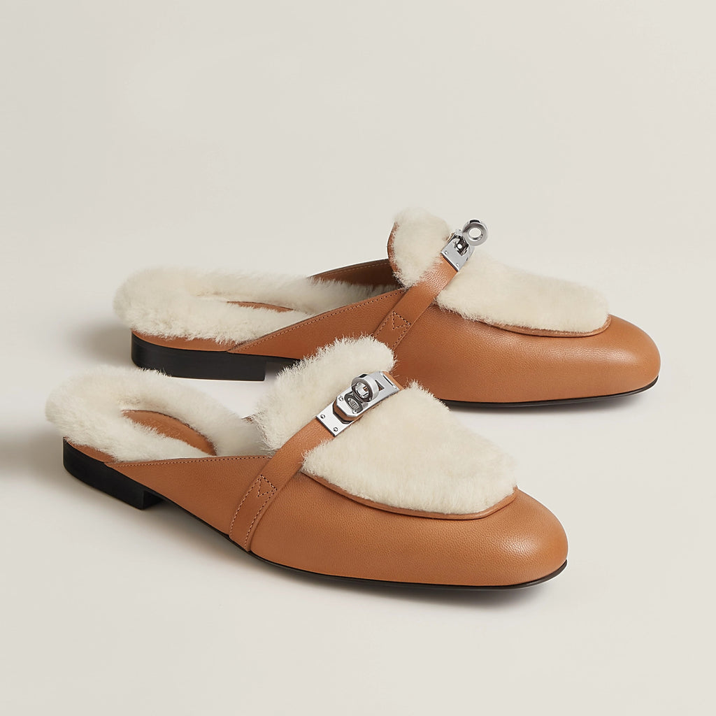 Hermes Women's Winter Head-Covering Half-Support Shoes Casual Solid Color Oz Flat Mule Slippers #81518