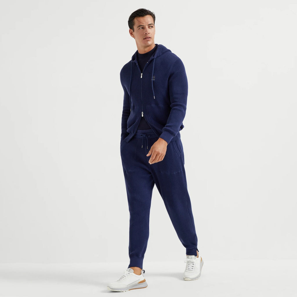 Brunello Cucinelli Men's Spring/autumn Fashion Casual Solid Color Logo Zipper Hoodie Ribbed Cotton Knit Pants Zipper Cuffs Suit Set #78353