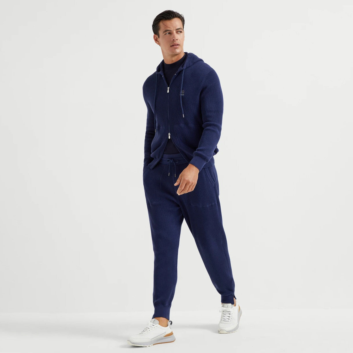 Brunello Cucinelli Men's Spring/autumn Fashion Casual Solid Color Logo Zipper Hoodie Ribbed Cotton Knit Pants Zipper Cuffs Suit Set #78353