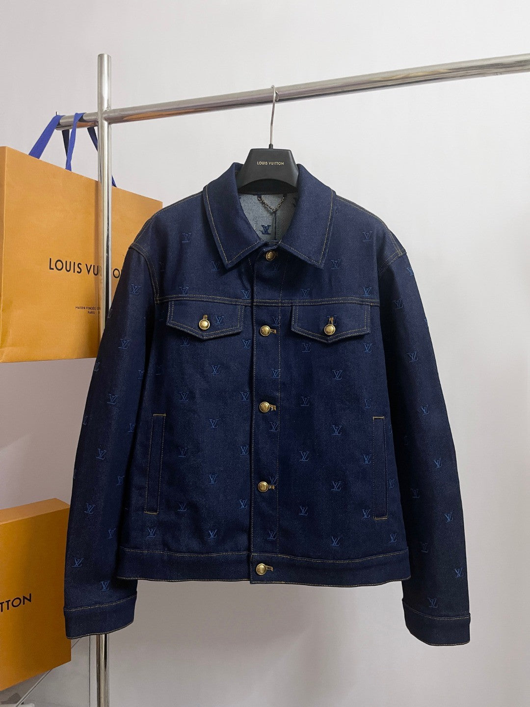 Louis Vuitton Men's Spring And Autumn Logo Embroidery Color Line Single Breasted Denim Long Sleeved Jacket Jeans Pants Set Suit #75393