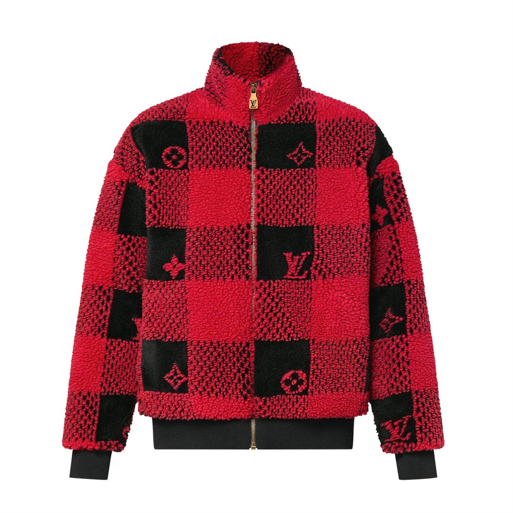 Louis Vuitton Men's Fall And Winter Red And Black Checkerboard Pattern Collar Zipper Long Sleeved Jacket #73682
