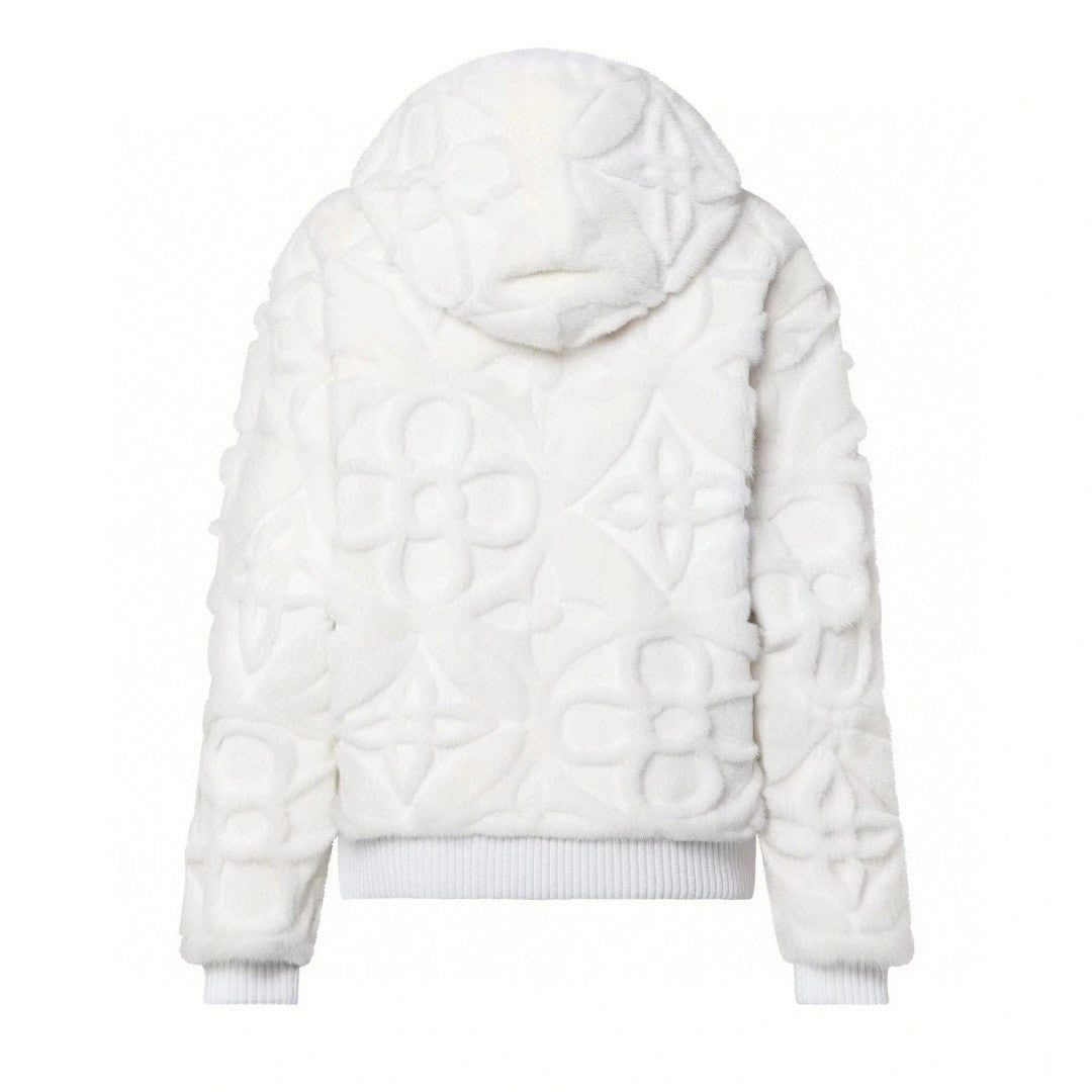 Louis Vuitton Men's And Women's Aged Shearling Embossed Craft Velvet Mink Pure White Zip Jacket #97838