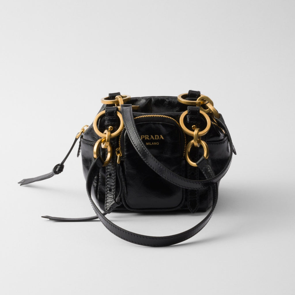 Prada Dangle Women's Black Letter Print Zipper Closure Cowhide Leather Mini Shoulder Bag Bags #75499